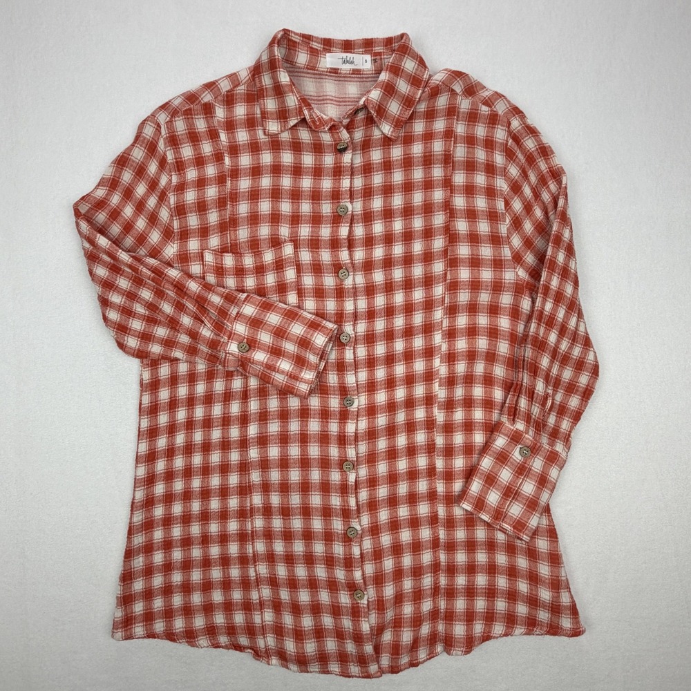 Talulah Womens Red White Plaid Cotton Gauze Button Down Shirt Small